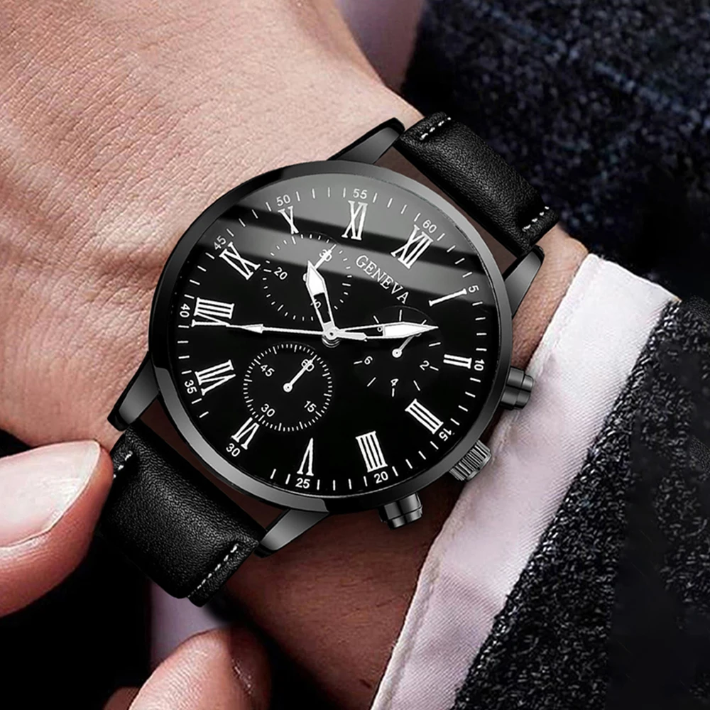 4PCS/Set Fashion Men's Business Watches Casual Leather Strap Quartz Wristwatches Vintage Bracelets Set Reloj Hombre（Without Box）