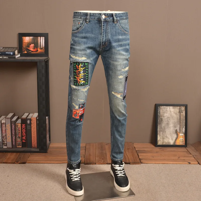 New Retro Distressed Jeans Men'S Trendy Spring Autumn Patch With Scraped Patches High Street Ruffled And Handsome Casual Pants