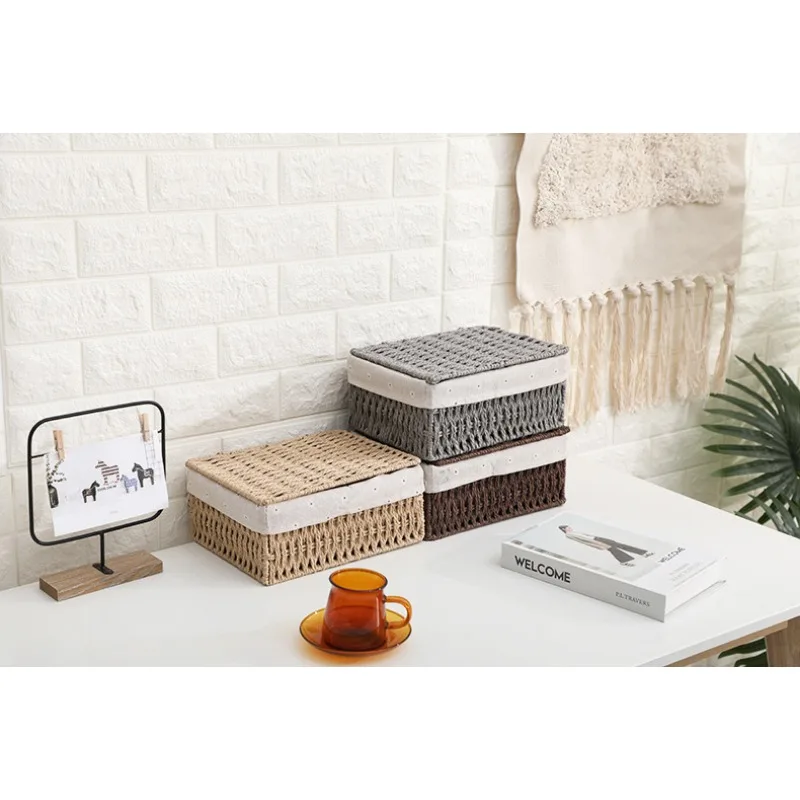 Handwoven Storage Box Rattan Storage Baskets with Lid Wicker Desktop Sundries Cosmetics Organizer Clothes Snack Toys Storage Box 6
