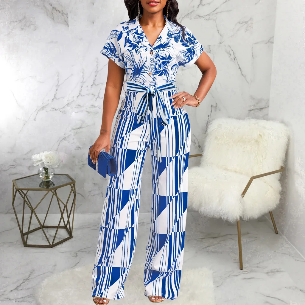 Sets Outifits 2023 New Printed Short Sleeved V-neck Button Design Jumpsuit of One Fashion Casual Pieces for Women Elegant Female