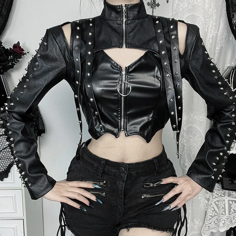 Goth Dark Faux Pu Leather Long Sleeve Crop Shrug Tops Grunge