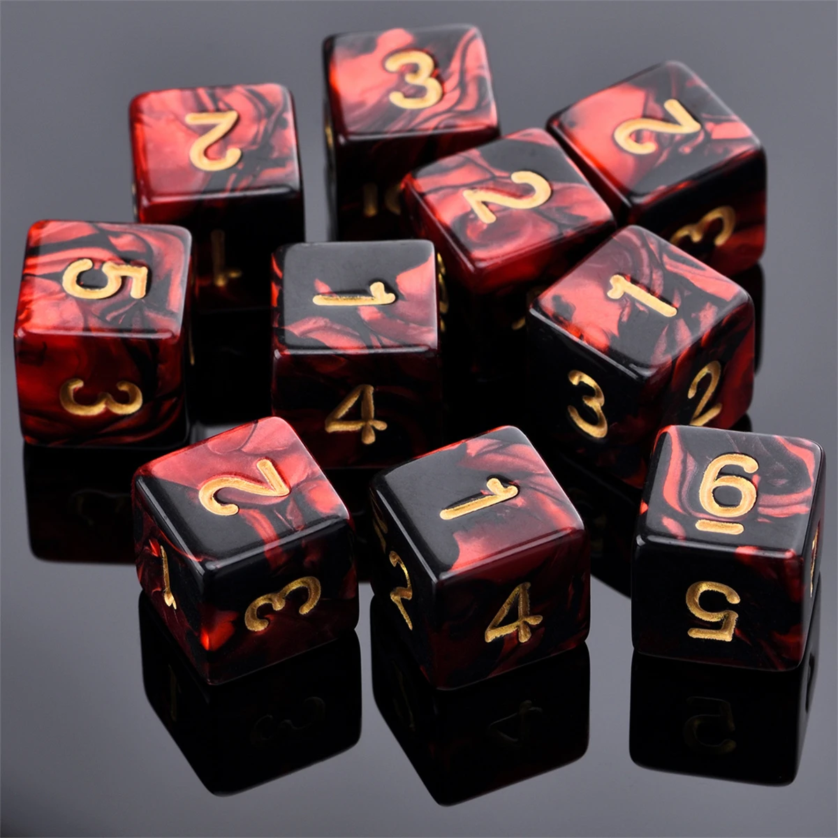 Premium Dual-Toned Red & Black Acrylic Dice Set – 10 Pieces, 16mm