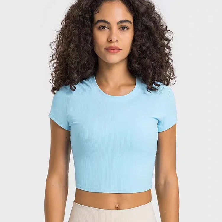 Lemon Women's Crew Neck Ribbed Crop Tops Short Sleeve Strong Stretch Yoga Shirts Summer Slim Gym Clothing for Street Girls