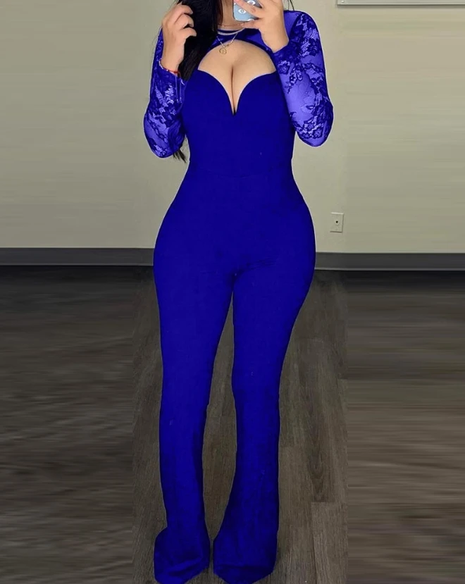 Jumpsuit Women 2023 Autumn New Fashion Elegant Commuting Sexy Hollow Out Asymmetric Neck Long Sleeve Contrast Lace Jumpsuit