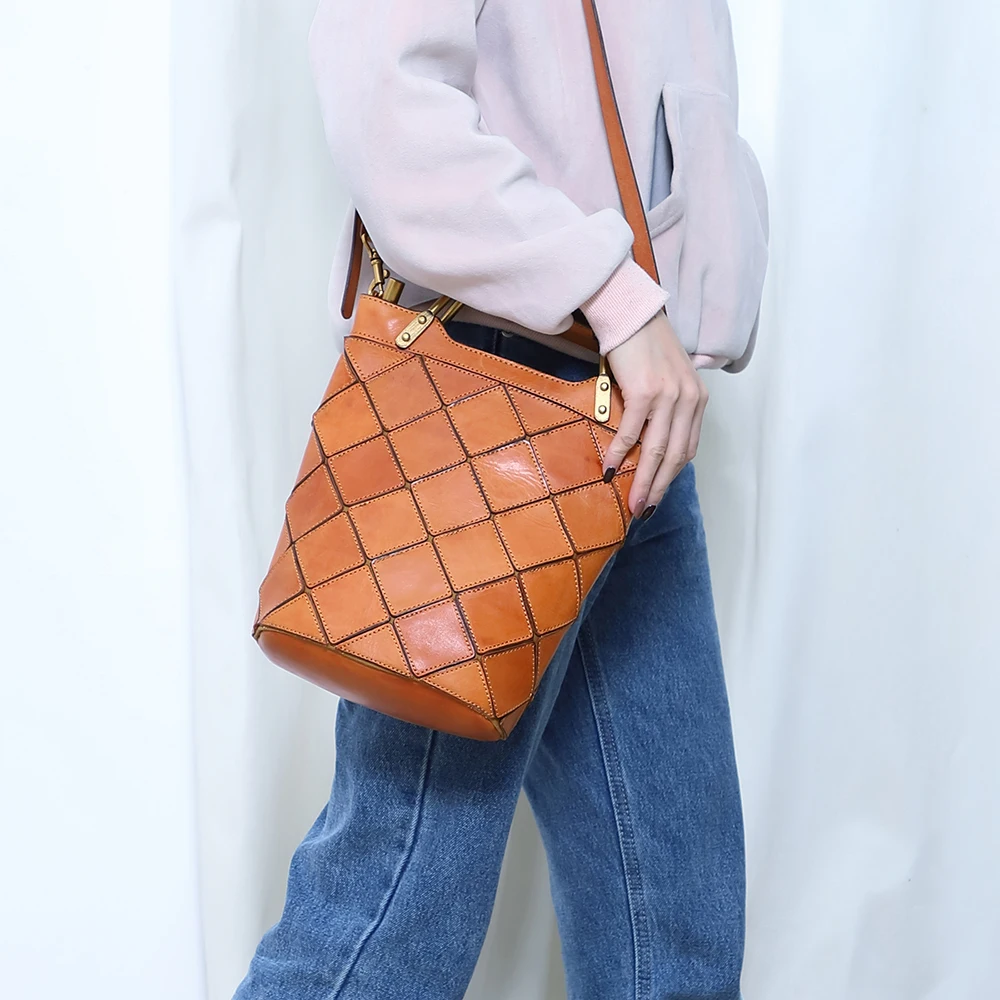 Genuine leather women's bag retro splicing crossbody bag vegetable tanned leather handbag women's shoulder bag cowhide bag