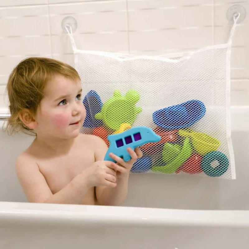 Baby White Square Bath Toy Organizer with Strong Suction Cups Bathroom Mesh Net Game Bag Drying Shower Products Clothes Storage