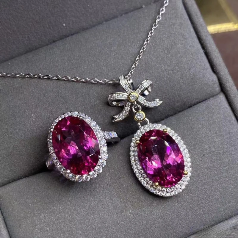 

High Jewelry Natural Pink Topaz 925 Sterling Silver Classic Girls New Stone Pendant Necklace Ring Set Support Tested