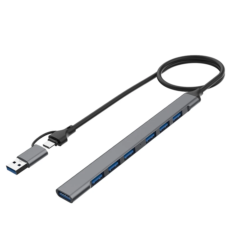 1 Pz 7 Porte Usb Hub Slim Mini 2 In 1(Usb-C + Usb 3.0) A Usb 2.0 X6 + Usb 3.0 X1 5Gbps Trasmissione Rapida Usb3.0 Hub Splitter