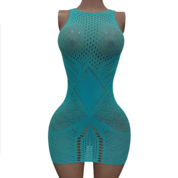 Women's Sexy Embroidered See-through Sky Blue Lace Hollow out Shoulder Baring Sexy Dress Club Attraction Sleepwear