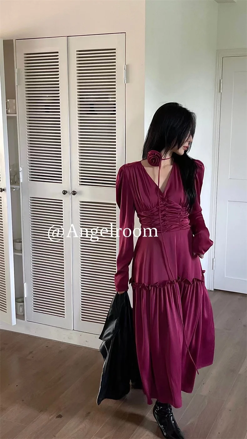 Autumn Satin Midi Dresses for Women Long Sleeve V-neck Folds Design A-line Korean Fashion Office Lady One Piece Vestidos New