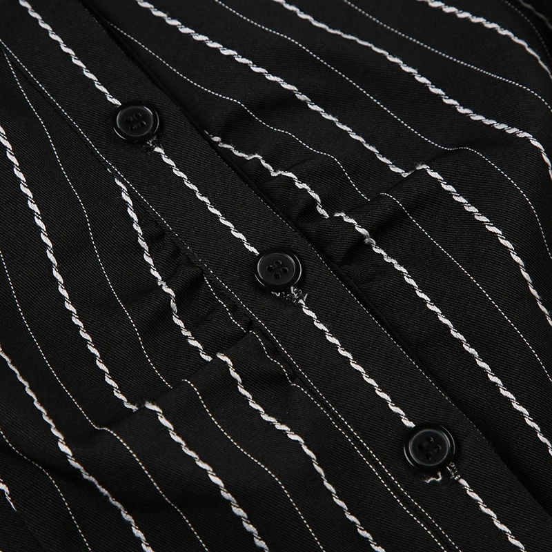 Black White Striped Button Tee Shirt Y2K Women Casual Puff Sleeve Fitted Crop Top Casual Retro Turndown Collar Tops