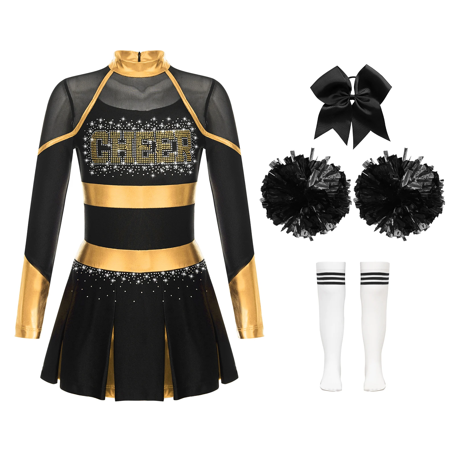 

Kids Girls Cheerleading Uniforms Cheerleader Costume Carnival Party Cosplay Sets Long Sleeve Rhinestone School Cheer Dance Dress