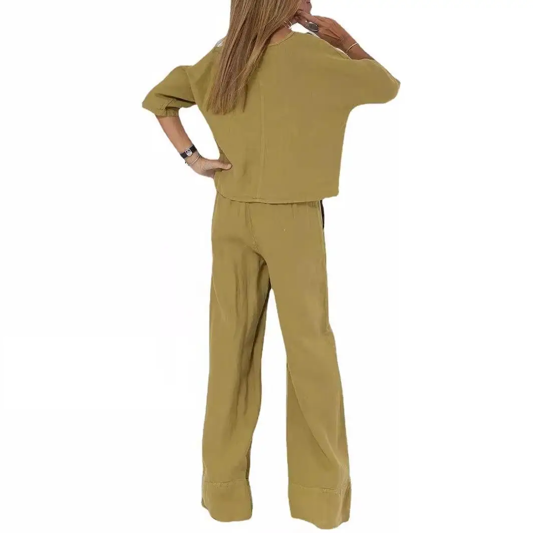 Summer Fashion Cotton and Hemp Two Piece Set Women Casual Solid Round Neck Tshirt Wide Leg Pants Loose Two Piece Set Women