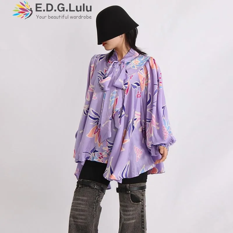 

EDGLuLu Stand Collar Lace-Up Bowvintage Floral Print Blouse Fashion Loose Shirt Women'S Clothing Long Sleeve Casual Blouse 0618