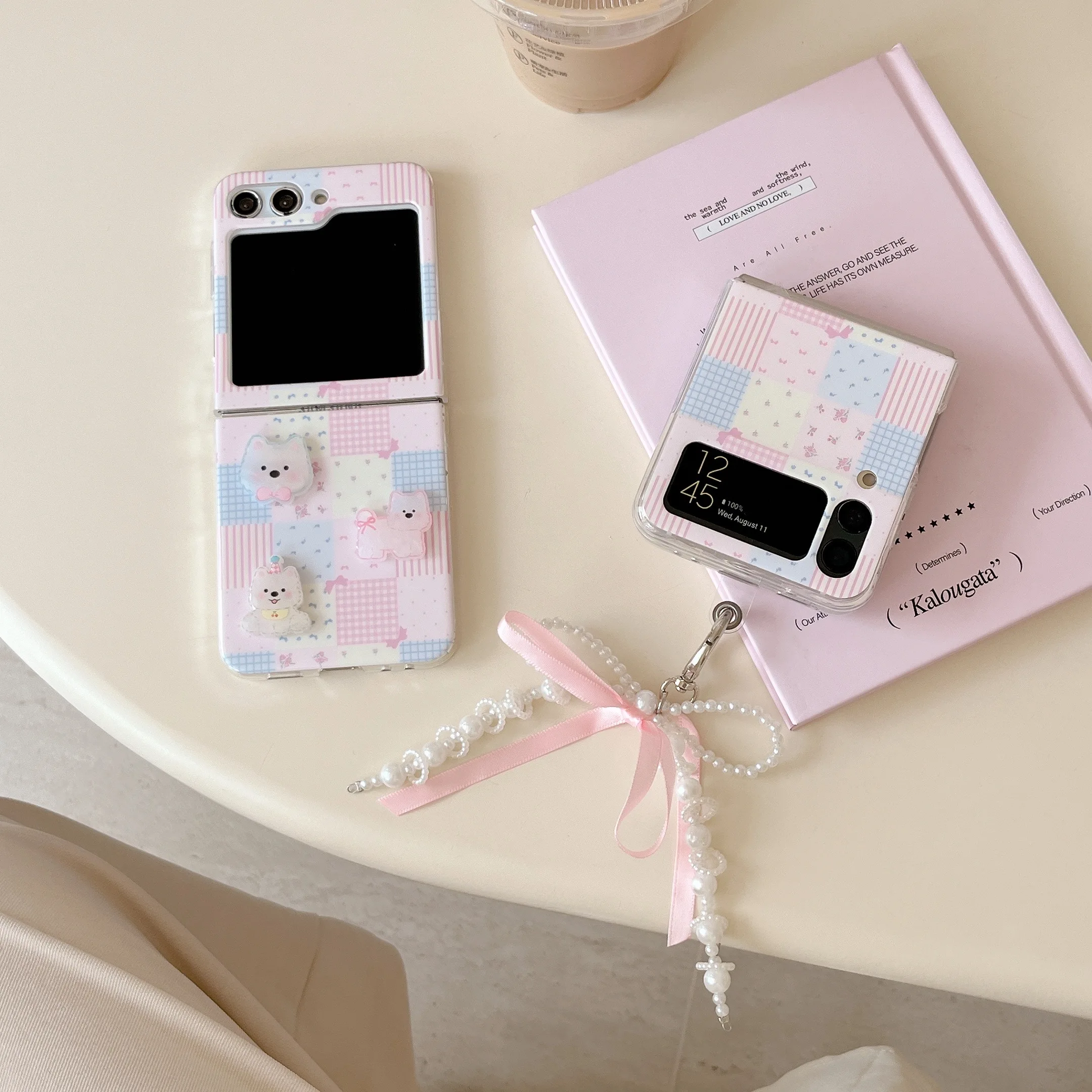Adorable Pink Lattice Cartoon Puppy Phone Case with Pearl Ribbon Bowknot Pendant