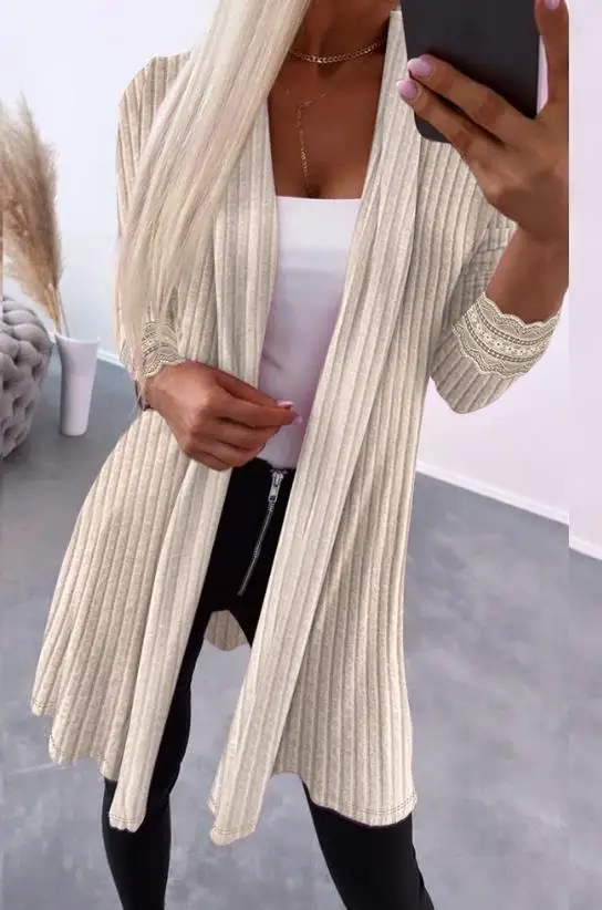 

Female Clothing Cardigans for Woman2023 Autumn/winter Fashion Casual Daily Solid Open Front Contrast Lace Ribbed Longline Coat