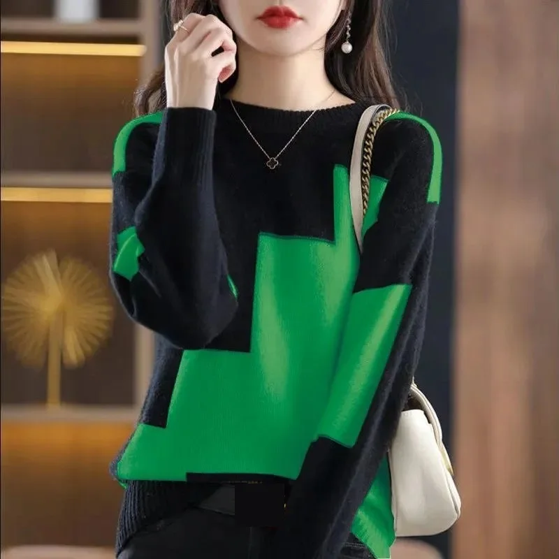 Sweater Women New O-Neck Color Matching Short Warm Pullover Long Sleeved Knitted Sweater Bottom Shirt Female Tops Women Clothing