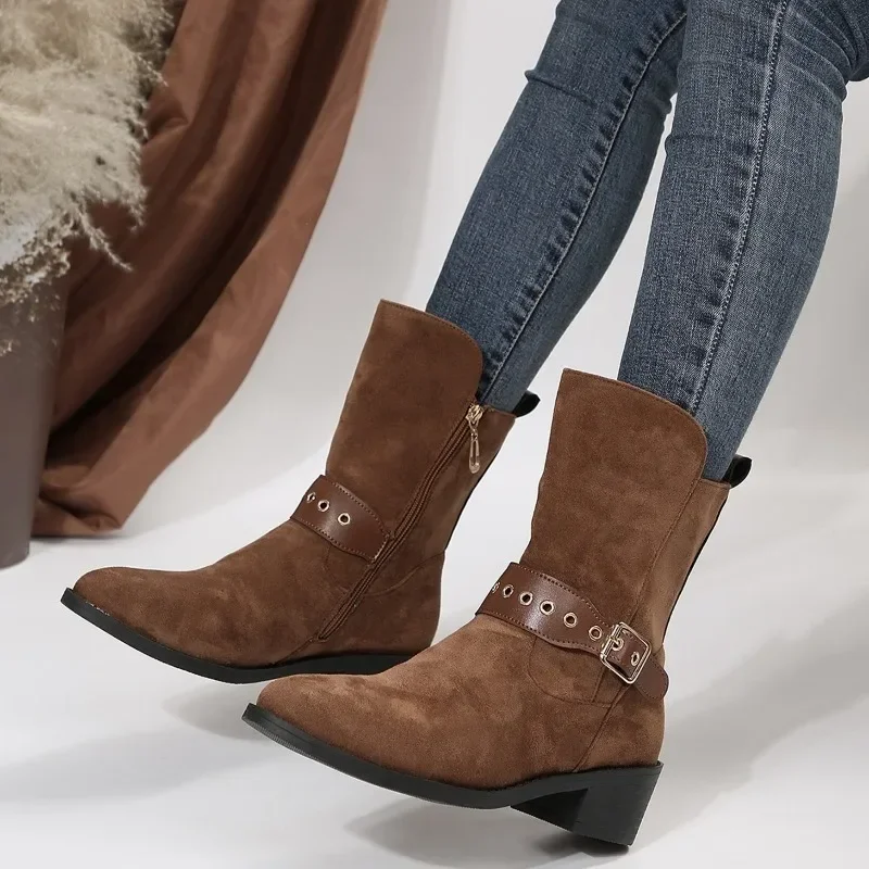 Women Ankle Boots Low Heels Round Plus Size 41 42 43 Casual Shoes Faux Suede Female Low Boots Chelsea Boots Platform Boots 2024