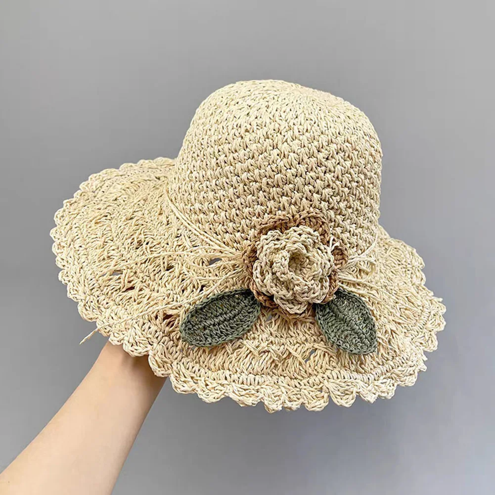 Portable Ladies Straw Hat With Flowers Women Travel Beach Hats Comfy Face Sunscreen Caps for Spring Summer