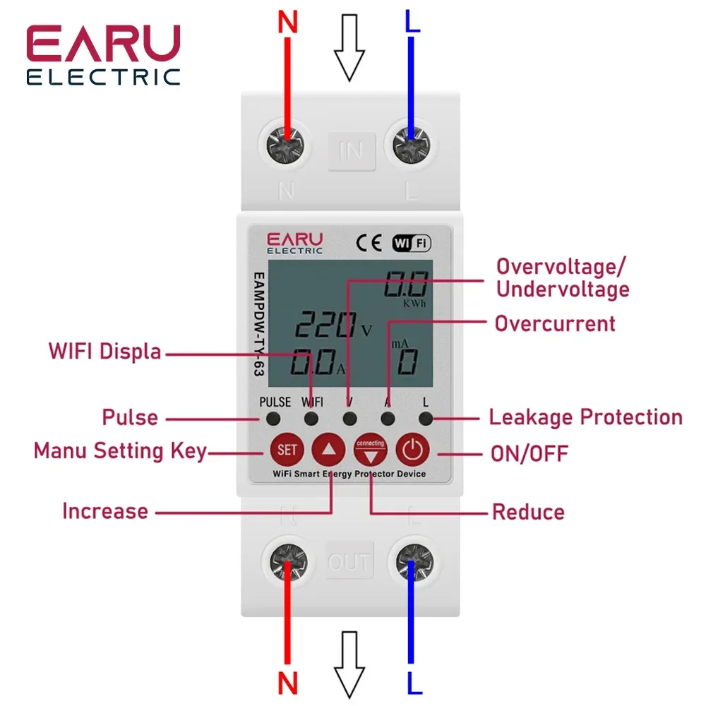 Tuya WiFi Smart Energy Meter 230V Adjustable Current Earth Leakage Protection Over Under Voltage Protector Relay Device Breaker