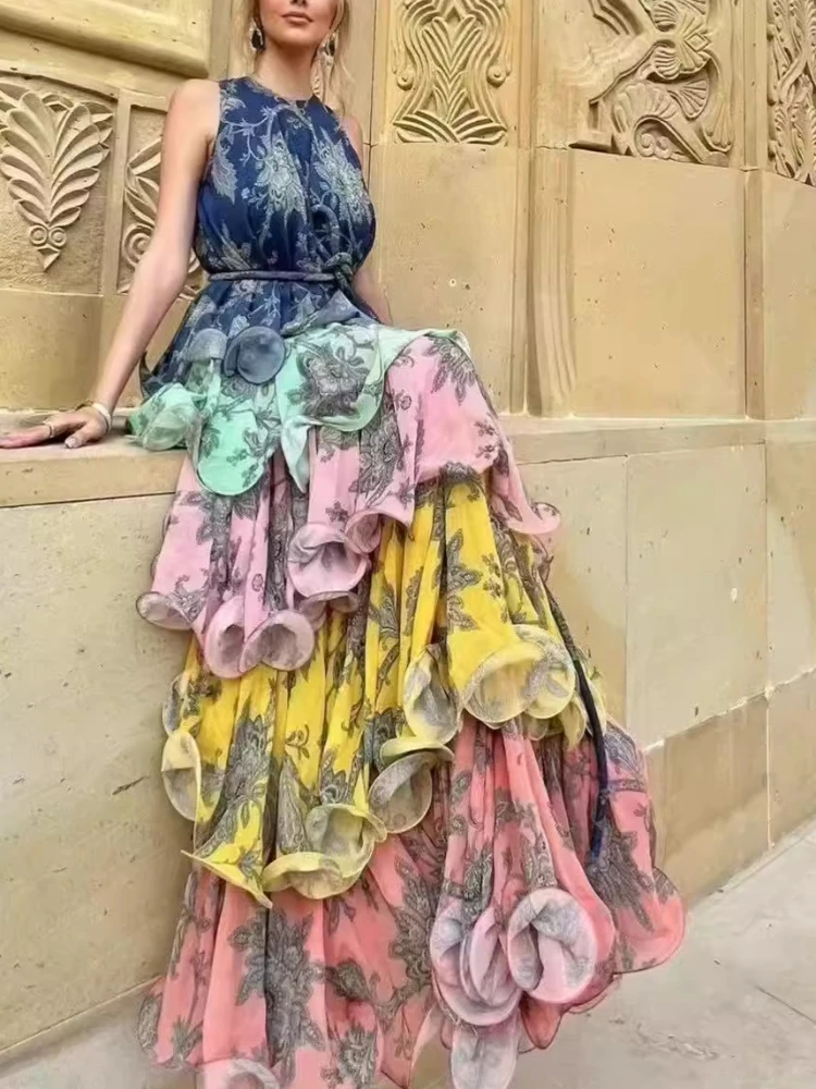 2025 Spring Summer Women's Sleeveless Tie-Waist Ruffle Tiered Midi Dress with Contrasting Details Party Vacation Dress 2