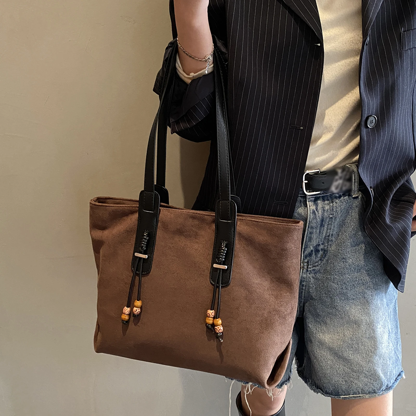 Faux Suede Casual Shoulder Bag Large Capacity Trendy Tote Briefcase Stylish Matte Tote Bag Travel Date Work Shoulder Bag