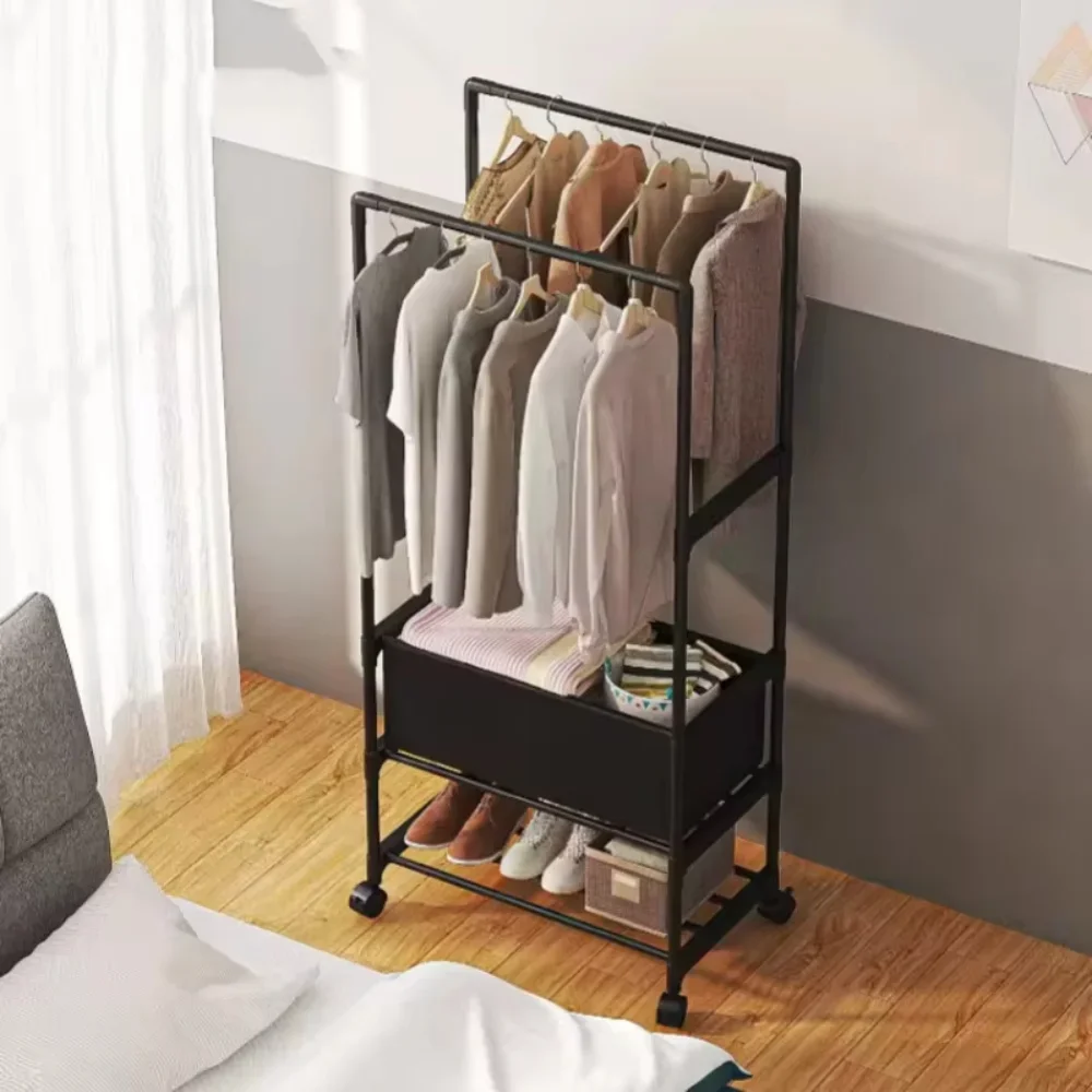 Double Pole Coat Rack Movable Clothes Storage Racks Multi Functional Clothing Hanger Shelves with Wheels Bedroom Stand Wardrobe clothes rack