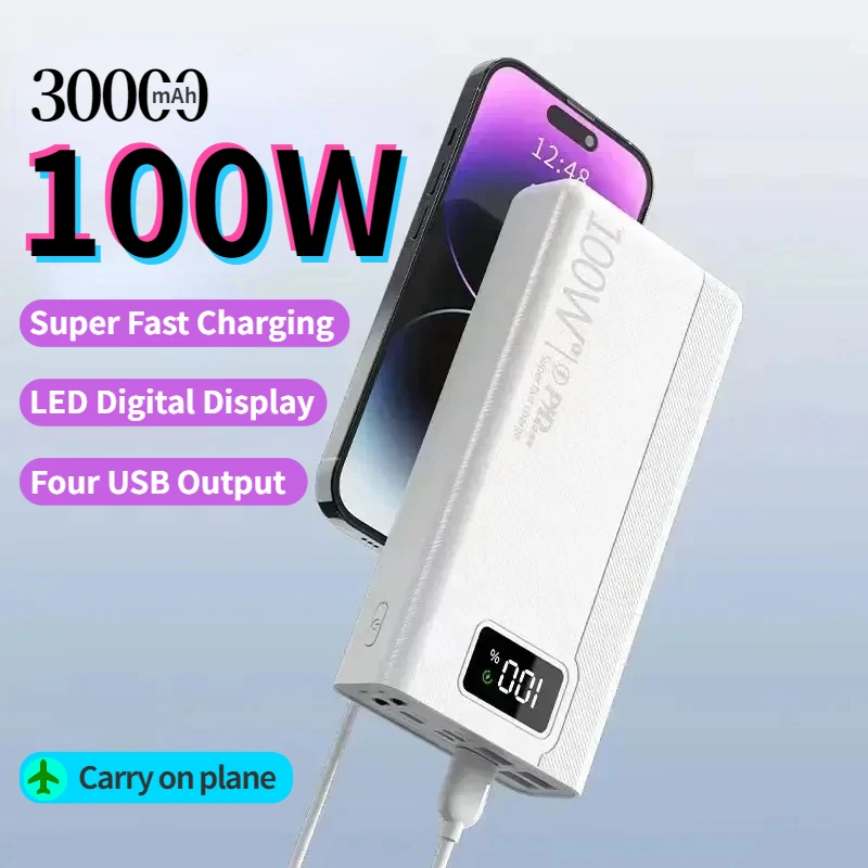 

Внешний аккумулятор на 100 Вт с 4 USB-портами, 30000 мАч