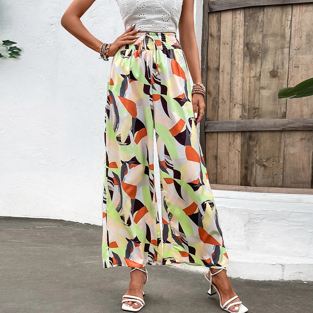 

Yellow High Waisted Wide Leg Elasticity Printed Split-Joint Tied Pants Trousers - Casual Simple Spring Summer Fashion