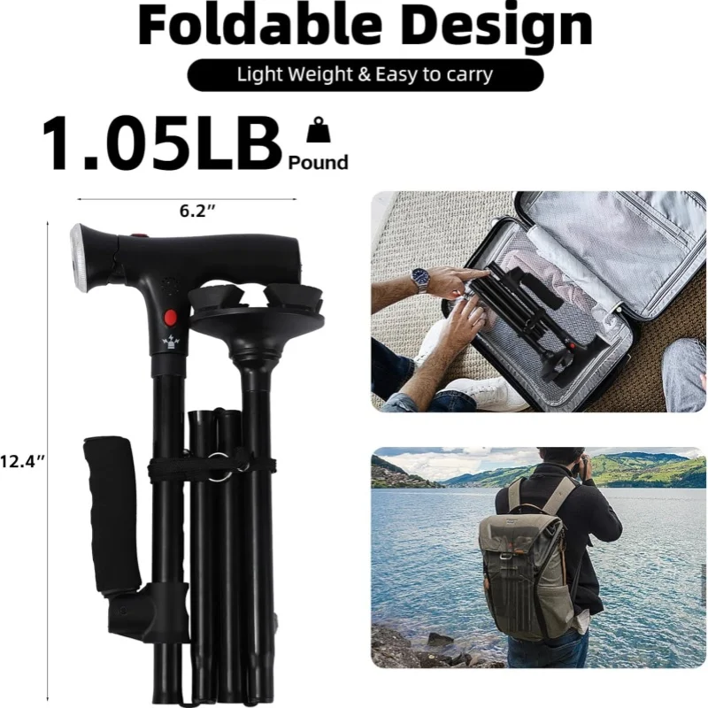 Folding Elderly Walking Stick With Buffered T Handle And Pivoting Quad Base Walking Stick Cane With LED Light And Alarm 6