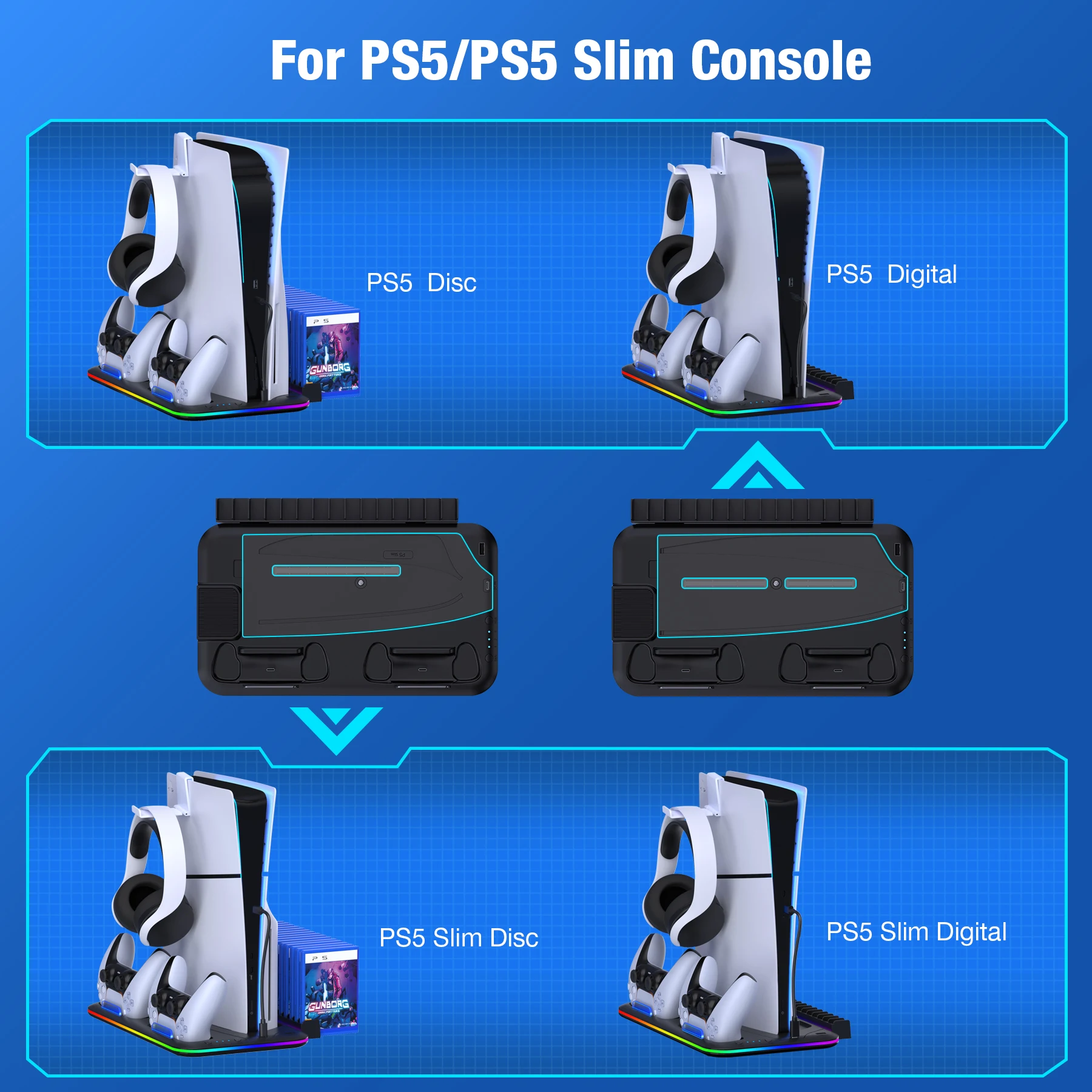 BEBONCOOL 수직 냉각 스탠드, 플레이스테이션 5 PS5 용 슬림 컨트롤러 충전기, 콘솔 헤드셋, 거치대 RGB 조명