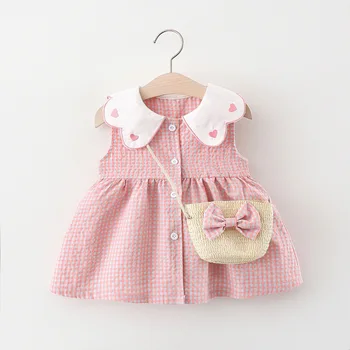 Summer New Girl Baby Dress With Checkered Pattern Love Sweet Princess Dress Lace Lapel No Cuff Strap Crossbody Bag Birthday Part 1