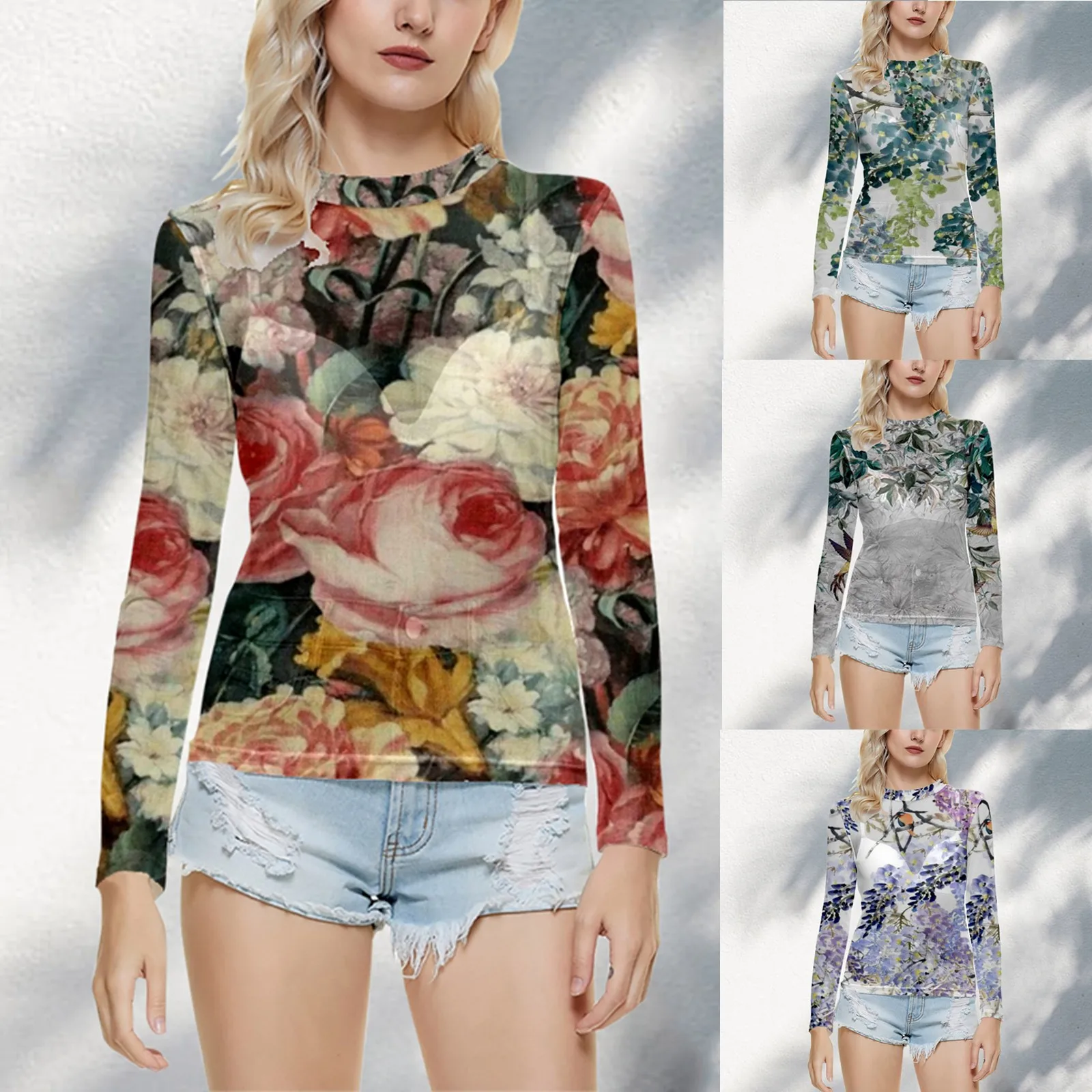 Vintage Floral Mesh Blouse – Slim Fit Long Sleeve Women’s Top