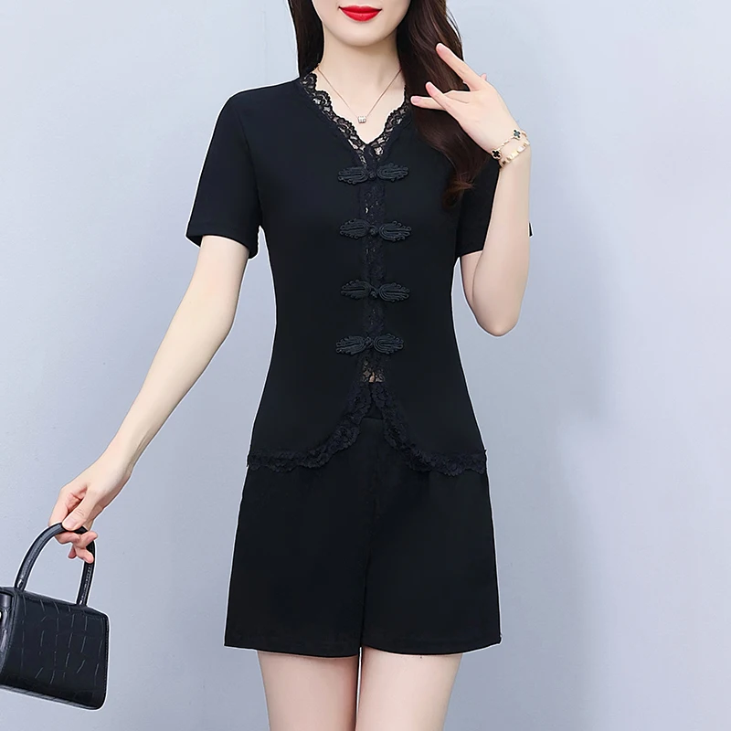 

Летний комплект из двух предметов для женщин, однобортная блузка с узлом на пуговицах и шорты, женские повседневные винтажные черные костюмы больших размеров