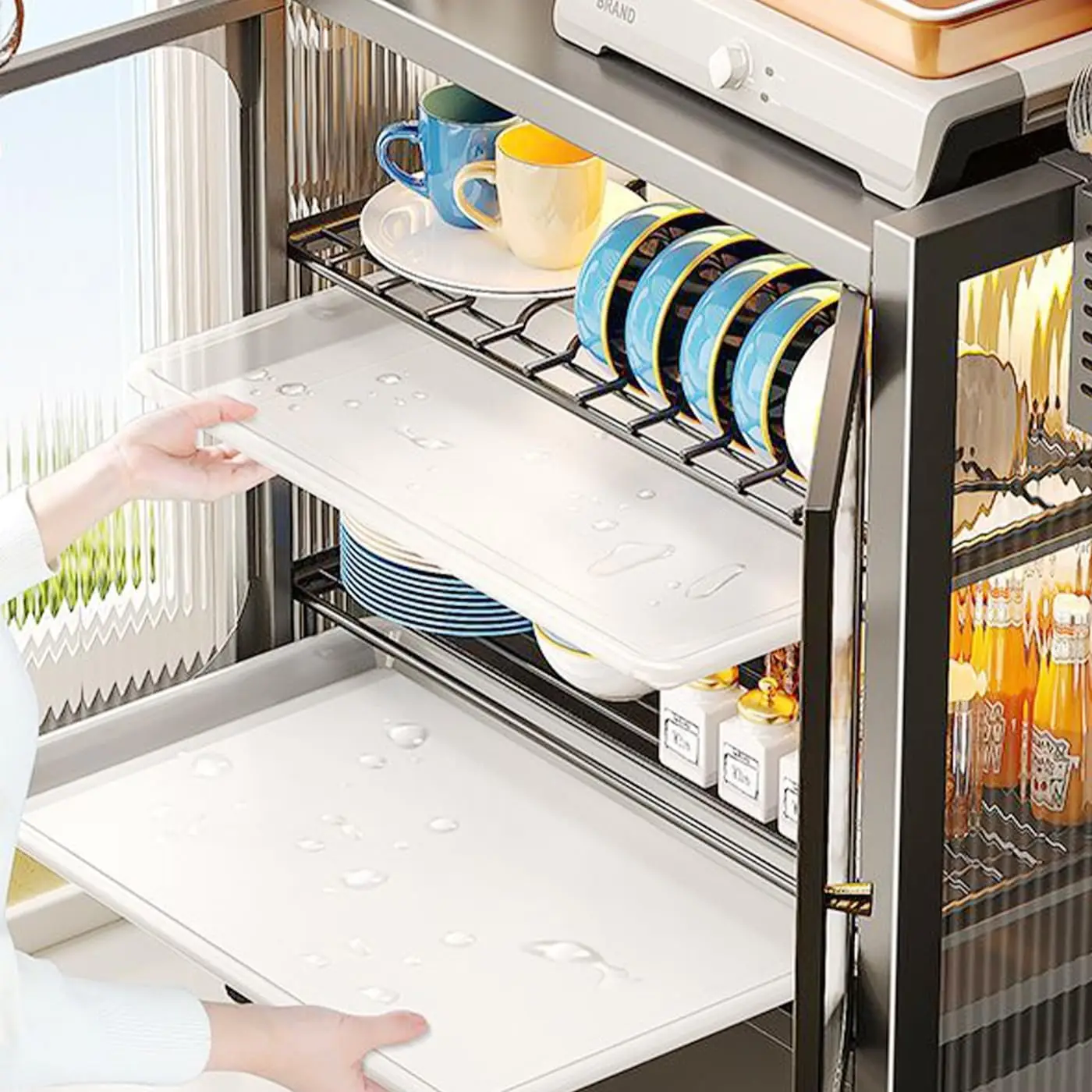 Grey Dish Rack Strainer 3 Tier Steel Dish Drainer Rack Cup Storage Rack Kitchen Countertop Utensil Holder with Drawer  Dish