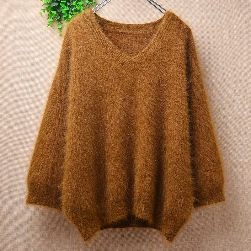 

Female Women Fall Winter Clothing Hiary Plush Mink Cashmere Knitted Half Sleeves V-Neck Loose Pullover Jumper Sweater Pull Tops