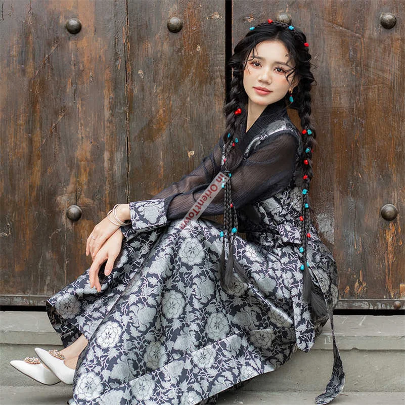 Tibetan Clothing Mix French Style Girl Jacquard Bola Dress Travel Photography Costume Tibet Ethnic Guozhuang Long Robe Lady