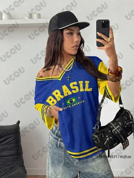 2026 Summer New Brazil Print T-shirt For Women Patchwork V-Neck Short Sleeve Tees Football Jersey Y2k Loose Oversized Sports Top