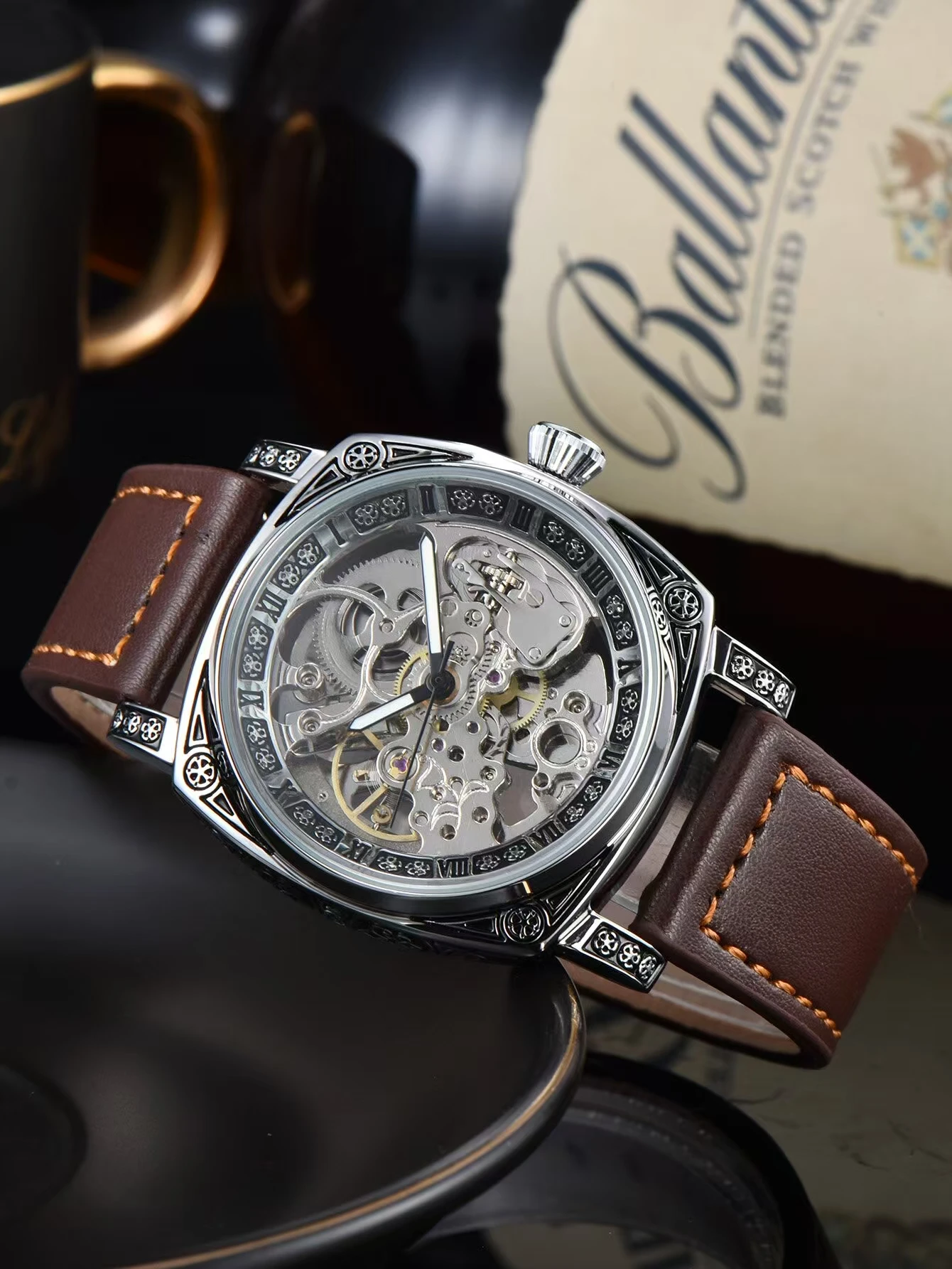 Men Automatic Watch Retro Style Mechanical Watches Skeleton Carve Waterproof Leather No Logo Mens Watch Boyfriend's Gift, Alina Gadgets