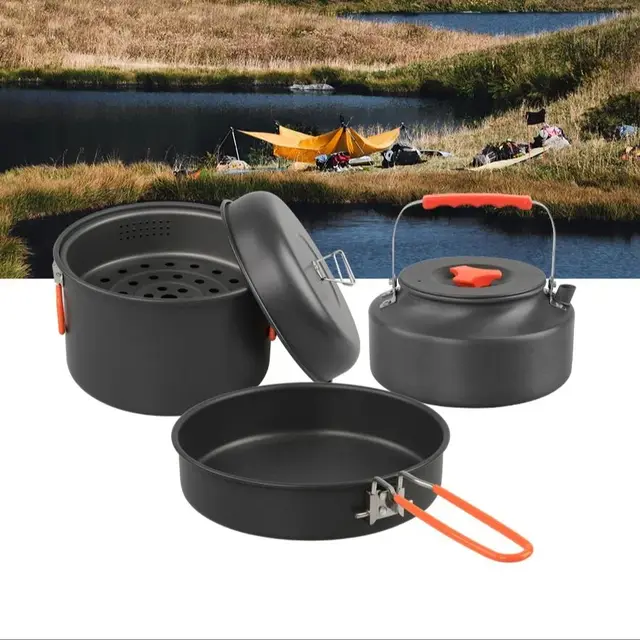 Outdoor Cookware Set Camping Cooking Pot Kettle Steamer Fry Pan Cooking Set 3