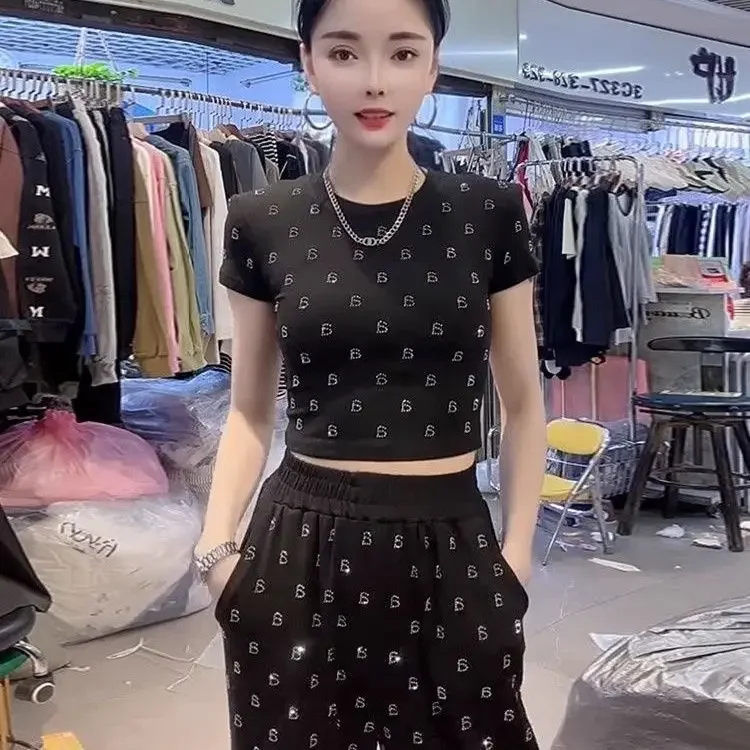 2024 New Style Women Set Two Piece Summer Pink Top Slim Fit+Sparkling Pants