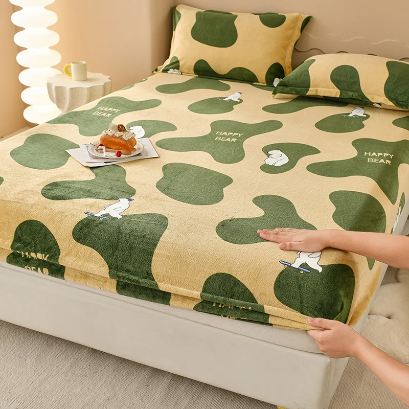 Super Warm Bed Sheet for Winter Cartoon Style Fitted Bed Sheet Queen/King Size fundas de colchón Reactive Printed All-inclusive 3