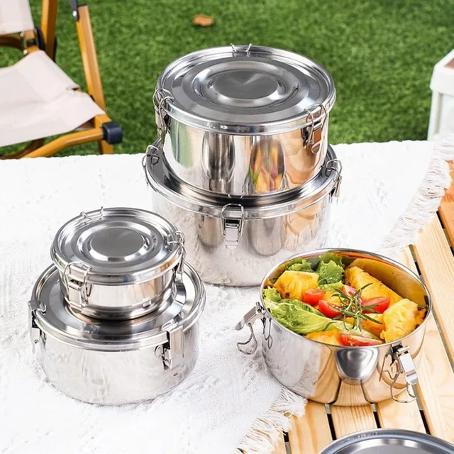 Boîte à déjeuner ronde en acier inoxydable, boîtes à Bento portables Anti-fuite avec couvercle, collations aux fruits, récipient de stockage des aliments, bol de pique-nique de Camping 4