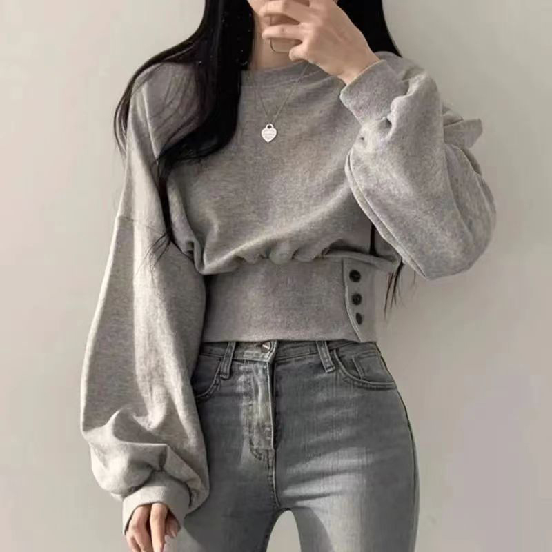 Casual Hip-Hop Sporty Pullover Sweet Chic Street Wear Autumn Women Solid O-Neck Slim Crop Top Lantern Sleeve With Button Sweat