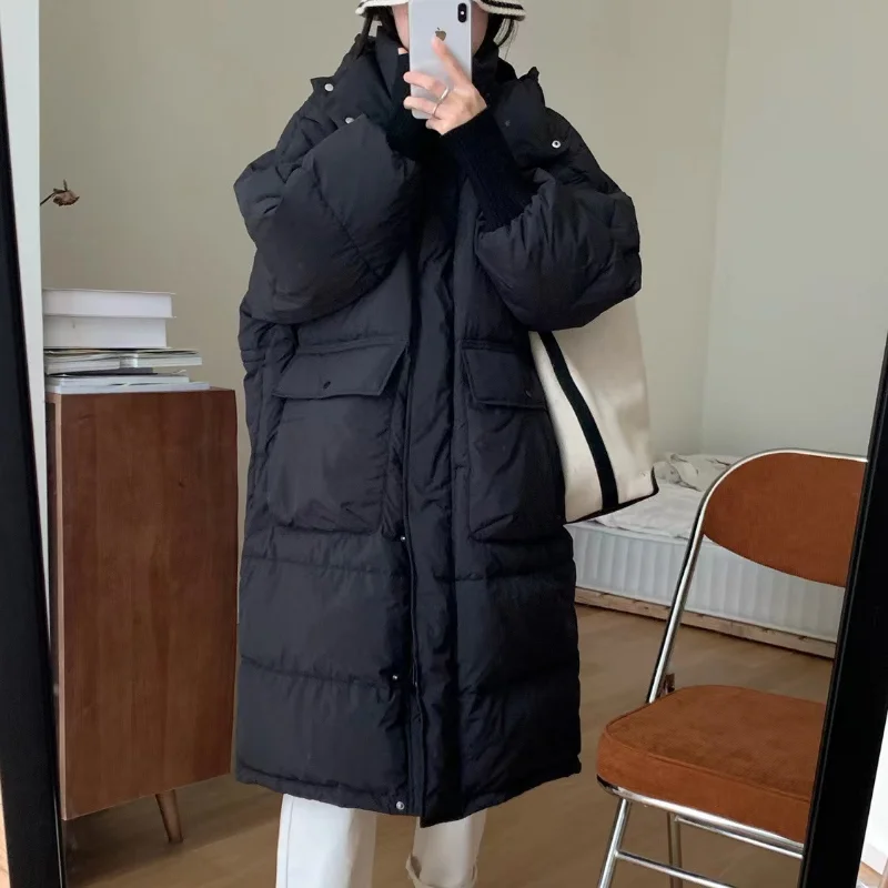 2023 New Women Down Jacket Winter Coat Female Long Parkas Loose Versatile Overknee Outwear Thick Solid Color Hooded Overcoat
