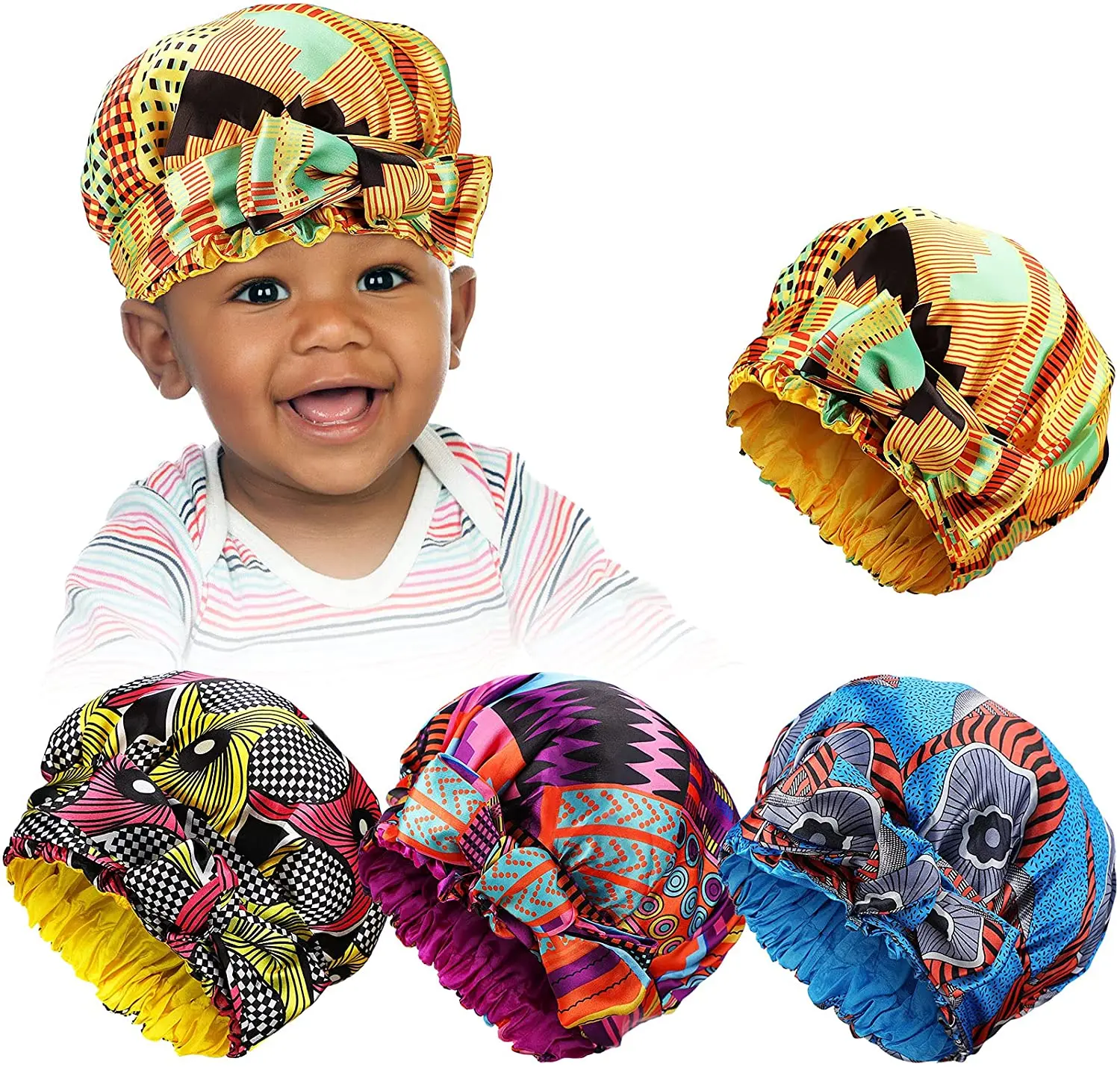 

African Satin Lined Bonnets Kids girls Turban Hat Women Extra Large Hat Ankara Long Ribbon Headwrap Ankara Hair Bonnet Hat