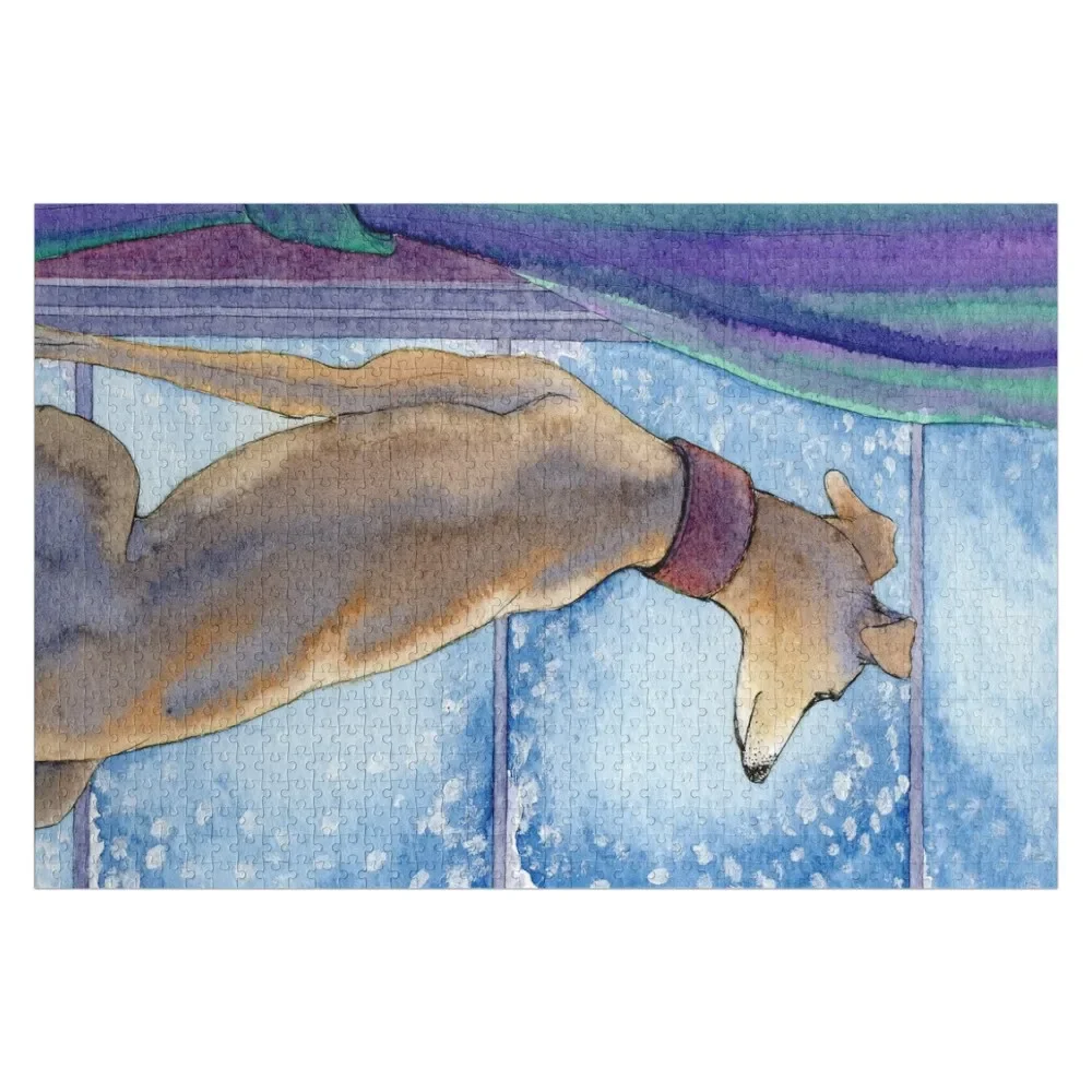 

Greyhound dog sits in the warm watching the snow fall outside Jigsaw Puzzle Personalised Jigsaw Custom Puzzle