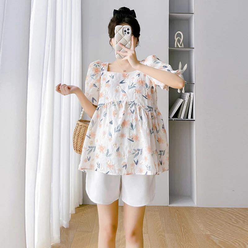 Summer Fashion Maternity Floral Shirts Short Sleeve Square Collar Loose Pregnant Woman Clothes High Waist Pregnancy Blouses Tops white pullover shirt 2022 summer tops short sleeve skew collar blouses women casual woman clothes chiffon blouse blusas mujer