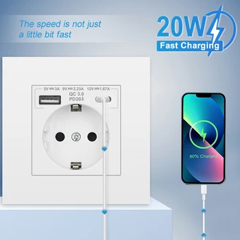 SRAN EU มาตรฐาน USB Wall Outlet Type-C 20W Fast CHARGING,แผง PC 86*86 มม.,ปลั๊กไฟเหมาะสําหรับสแควร์และกล่องกลม 1