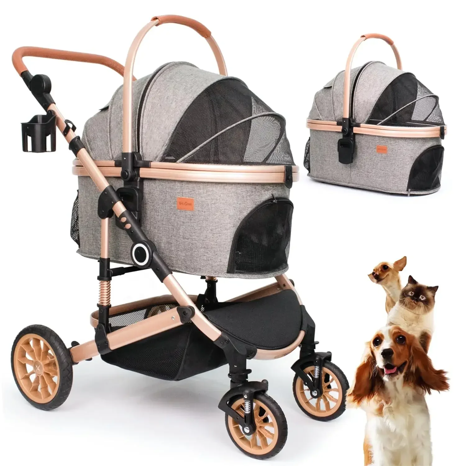 Pet Stroller with 4 Wheels Foldable Pet Travel Carrier for Small/Medium Dogs Cats Up To 50lbs Detachble Portable Bag